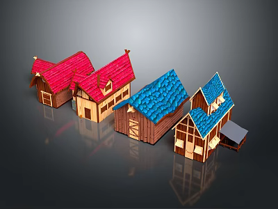 Cartoon Scene Featuring Multiple Colorful Wooden Houses Red Blue Roofs And Windows 3d model