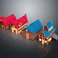 Cartoon Scene Featuring Multiple Colorful Wooden Houses Red Blue Roofs And Windows