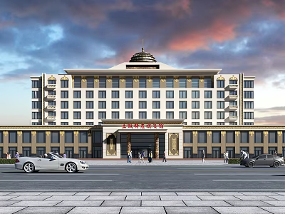Grand Building Exterior With Dome Roof Red Sign Pedestrians Cars And Sunset Sky 3d model