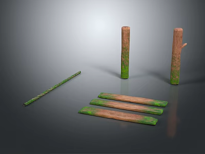 Natural Rustic Wood and Stone Moss Covered Posts and Planks as Decorative Garden Accents 3d model