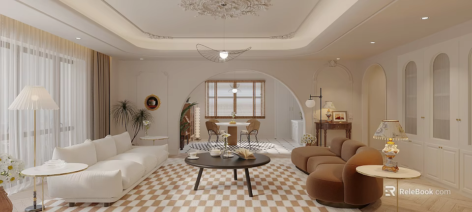 Modern Living Dining Room Interior Design With White Sofa Coffee Table Arched Window And Plants 3d model 