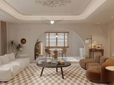 Modern Living Dining Room Interior Design With White Sofa Coffee Table Arched Window And Plants 3d model