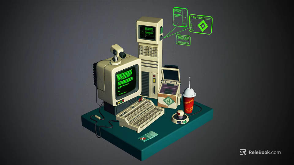 1980s Vintage Computer Setup With Monitor Keyboard Floppy Disk Drive And Soda Cup 3d model 