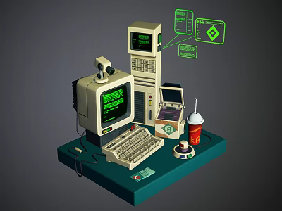 1980s Vintage Computer Setup With Monitor Keyboard Floppy Disk Drive And Soda Cup 3d model