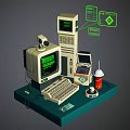 1980s Vintage Computer Setup With Monitor Keyboard Floppy Disk Drive And Soda Cup