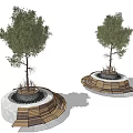 Circular Concrete Tree Planter With Wooden Planks Pebbles And Small Plants Around Tree