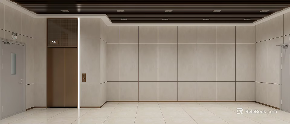 Modern Elevator Lobby With Beige Wall Panels Polished Tile Floor And Ceiling Lights 3d model