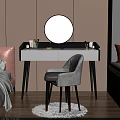 Modern Dressing Table with Round Illuminated Mirror White Top Black Legs and Gray Upholstered Chair