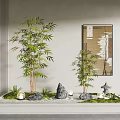 Serene Mini Garden Setup with Bamboo Plants Stones Small Stone Lantern and White Rectangular Planter 3d model