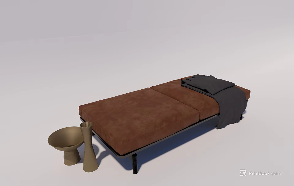 Brown Sofa Bench With Soft Cushion Decorative Vases And Dark Blanket 3d model