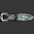 Weathered Old Boat With Red Blue Hull Mast And Deck Equipment