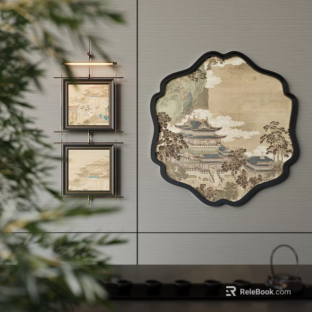 Wall Decor With Square And Fan Shaped Paintings Featuring Landscape And Architecture 3d model 