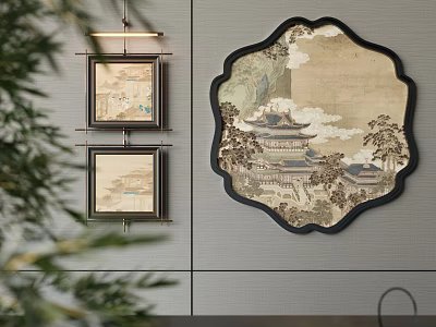 Wall Decor With Square And Fan Shaped Paintings Featuring Landscape And Architecture 3d model