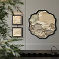 Wall Decor With Square And Fan Shaped Paintings Featuring Landscape And Architecture