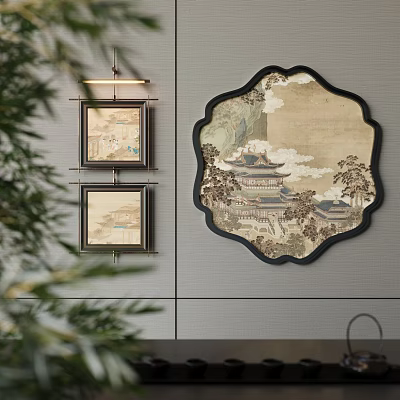 Wall Decor With Square And Fan Shaped Paintings Featuring Landscape And Architecture 3d model