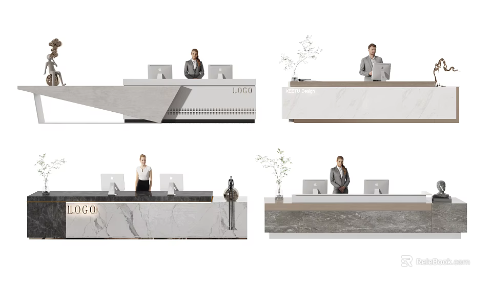 Modern Reception Desk Interior With Marble Surface Computers Staff And Plants 3d model 