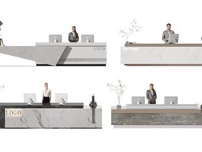 Modern Reception Desk Interior With Marble Surface Computers Staff And Plants 3d model