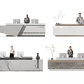 Modern Reception Desk Interior With Marble Surface Computers Staff And Plants 3d model