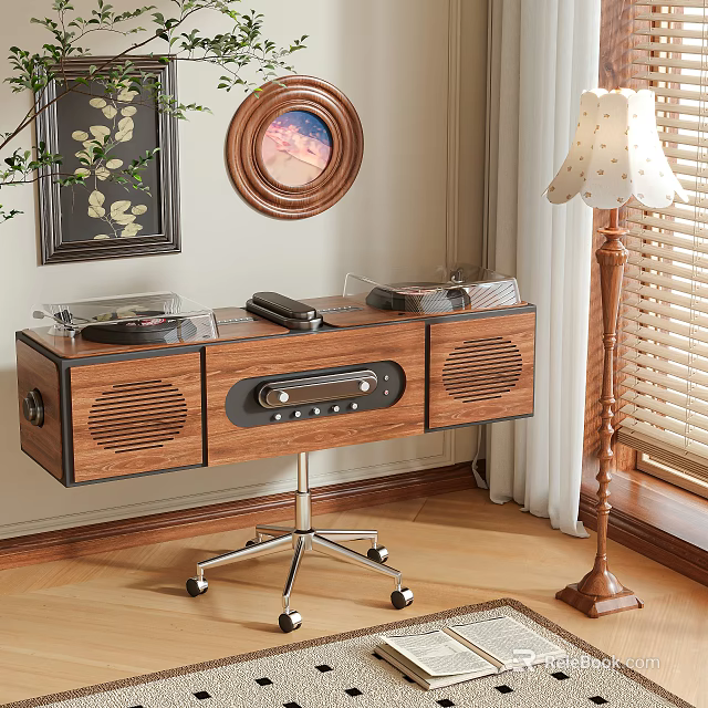 Vintage Wooden Sound Cabinet With Record Player And Audio System Interior Design 3d model 