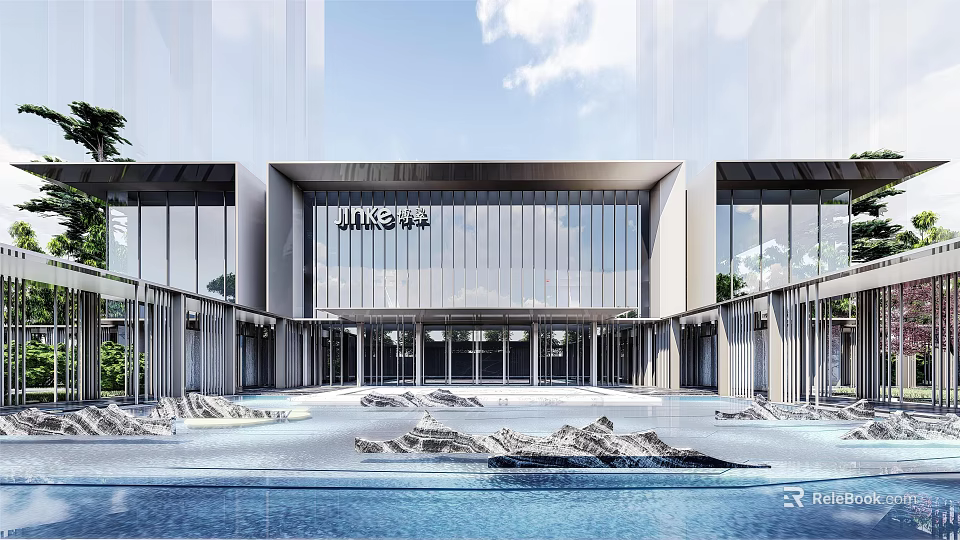 Modern Sales Office Building With Glass Curtain Walls And Water Features Entrance Design 3d model