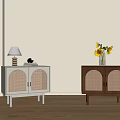 Modern White And Brown Rattan Door Nightstands With Table Lamp And Flower Vase