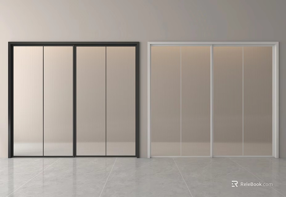 Sliding Doors With Black And White Frames And Ribbed Glass In Modern Interior 3d model 