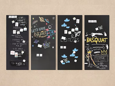 Chalkboard Style Wall Hangings with Black Background Text Notes and Decorative Icons 3d model