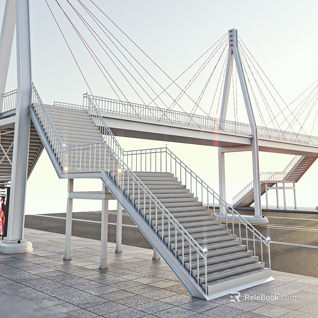 Modern White Cable Stayed Bridge With Metal Structure And Staircase 3d model 