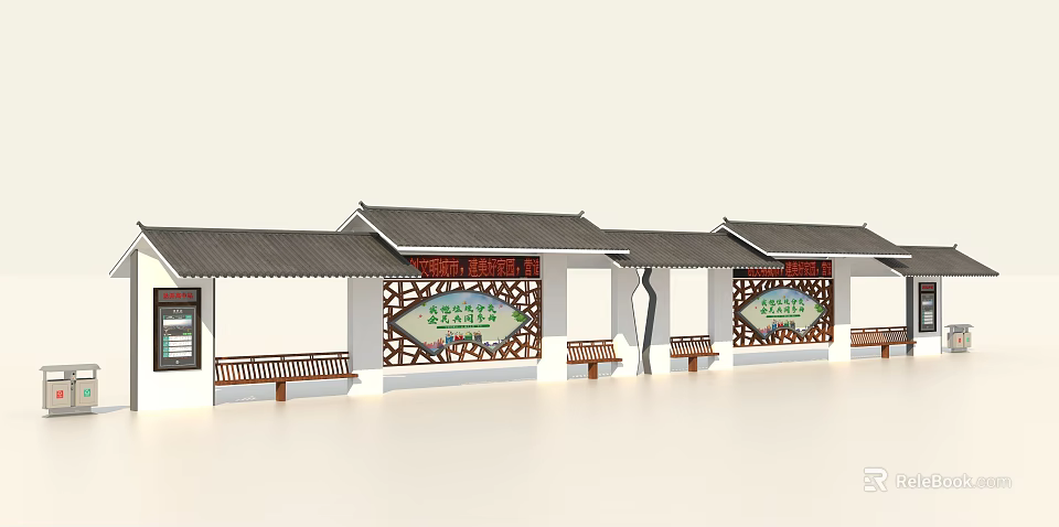 Traditional Chinese Style Billboard With Decorative Frames Green Text And Wooden Benches 3d model 