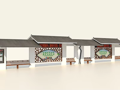 Traditional Chinese Style Billboard With Decorative Frames Green Text And Wooden Benches 3d model