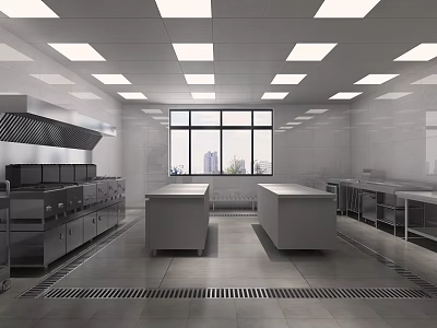 Professional Commercial Kitchen Interior With Multiple Stainless Steel Workstations Exhaust Hood And Windows 3d model