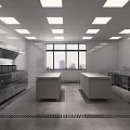 Professional Commercial Kitchen Interior With Multiple Stainless Steel Workstations Exhaust Hood And Windows