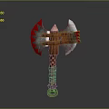 Fantasy Axe Weapon With Red And White Blades Wooden Checkered Handle Design