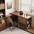 Modern Wooden Desk Setup With Bookshelf Chair Lamp Laptop And Coffee Cup
