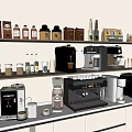 Modern Kitchen With Various Coffee Machines And Shelves Of Jars And Bottles