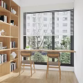 Modern Study Room With Wooden Bookshelves Books Table Chairs And Window View