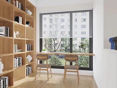 Modern Study Room With Wooden Bookshelves Books Table Chairs And Window View 3d model