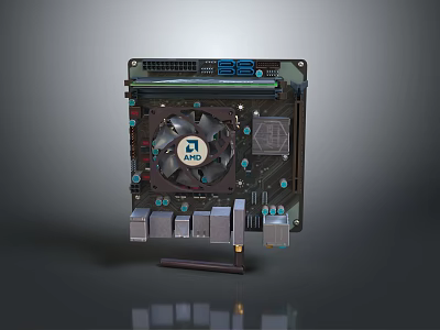 Computer Motherboard Hardware Component with Cooling Fan Heat Sink and Interface Ports 3d model