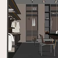 Modern Walk in Closet Interior With Hanging Clothes Dressing Table Mirror And Cabinets 3d model