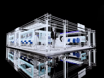 Modern Clothing Store Exhibition Booth With White Metal Frame Mannequins Blue Accents And Reflective Floor 3d model