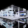 Modern Clothing Store Exhibition Booth With White Metal Frame Mannequins Blue Accents And Reflective Floor