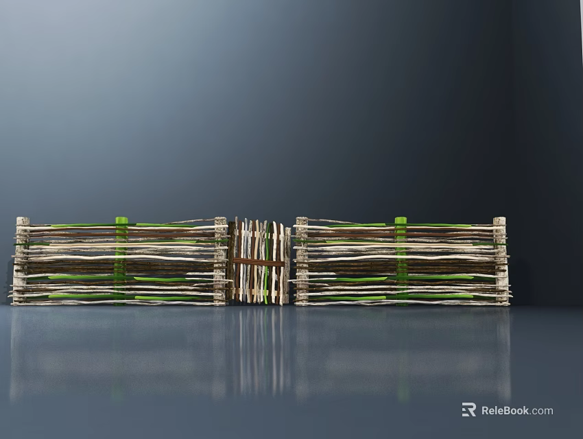 Handmade Rustic Twig Fence Secured With Green Straps For Garden Use 3d model 