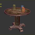 Vintage Round Wooden Table with Carved Base and Tabletop Featuring Yellow Mug And Clear Glass