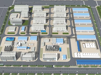Aerial View Of Industrial Factory Area With Multiple Buildings And Blue Roofs 3d model