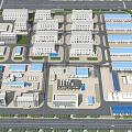 Aerial View Of Industrial Factory Area With Multiple Buildings And Blue Roofs
