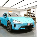 Modern MI Store Interior With Blue Car Display Shelves And Posters 3d model