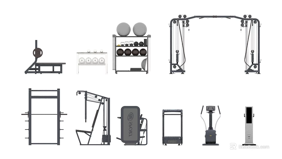 Essential Home Gym Equipment Barbells Dumbbells Fitness Balls Cable Machines And Treadmills For Sports Training 3d model 