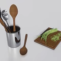 Essential Kitchen Cooking Utensils In Metal Holder With Wooden Cutting Board And Chopped Scallions