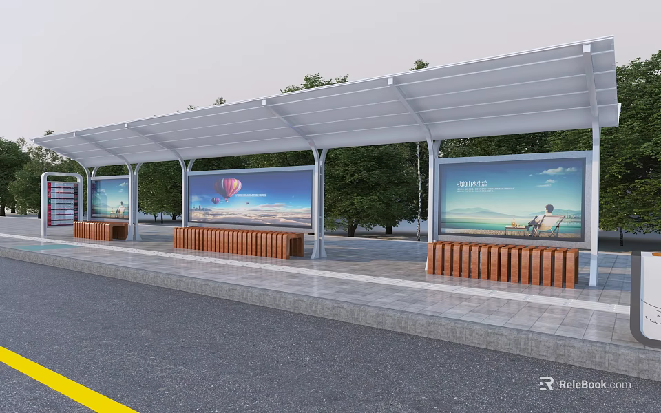 Modern Bus Station With White Canopy Large Billboards Wooden Benches And Trees 3d model 