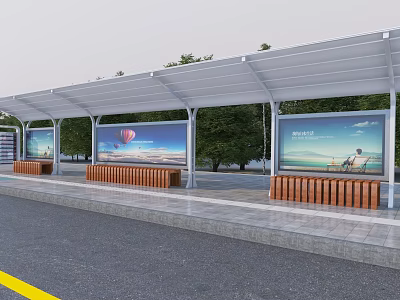 Modern Bus Station With White Canopy Large Billboards Wooden Benches And Trees 3d model